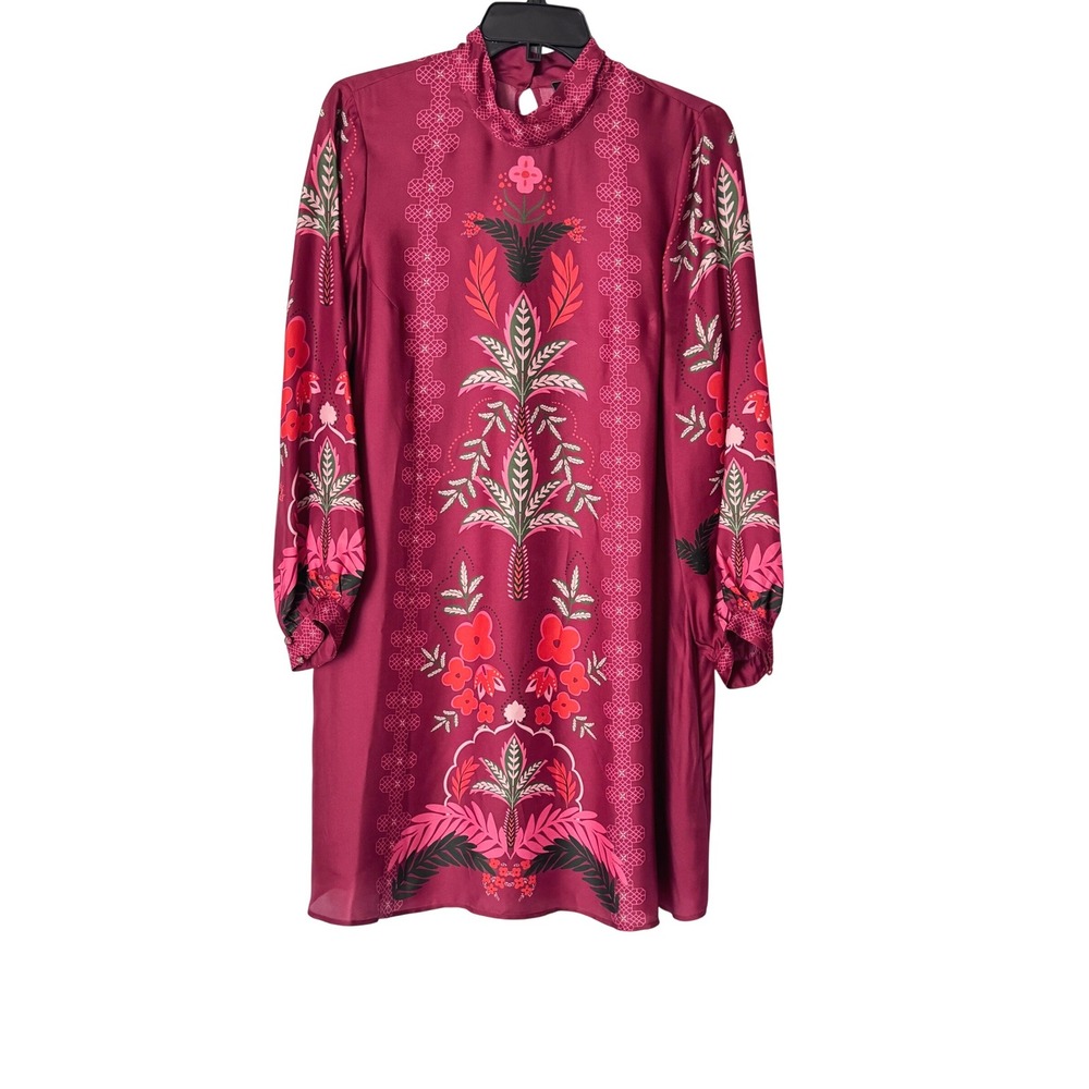 Johnny Was Jade Kalova Mock-Neck Mini Dress Medium Silk Blend Floral Boho Pocket